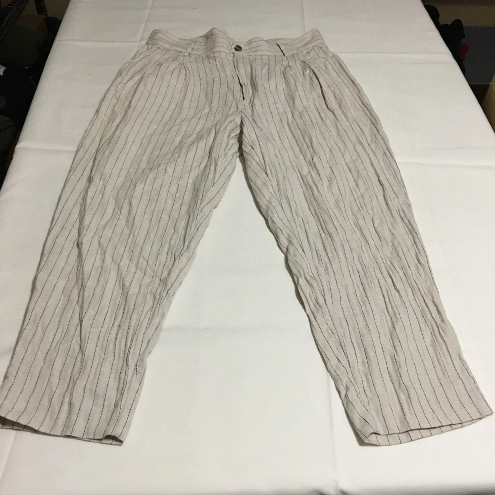 Banana Republic Linen Blend Trousers Womens Size 14 Beige Striped Pleated